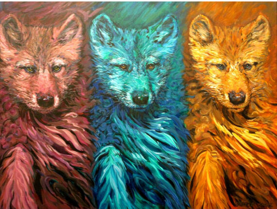 Three Wolf Pups 36x30in Acrylic $3300
